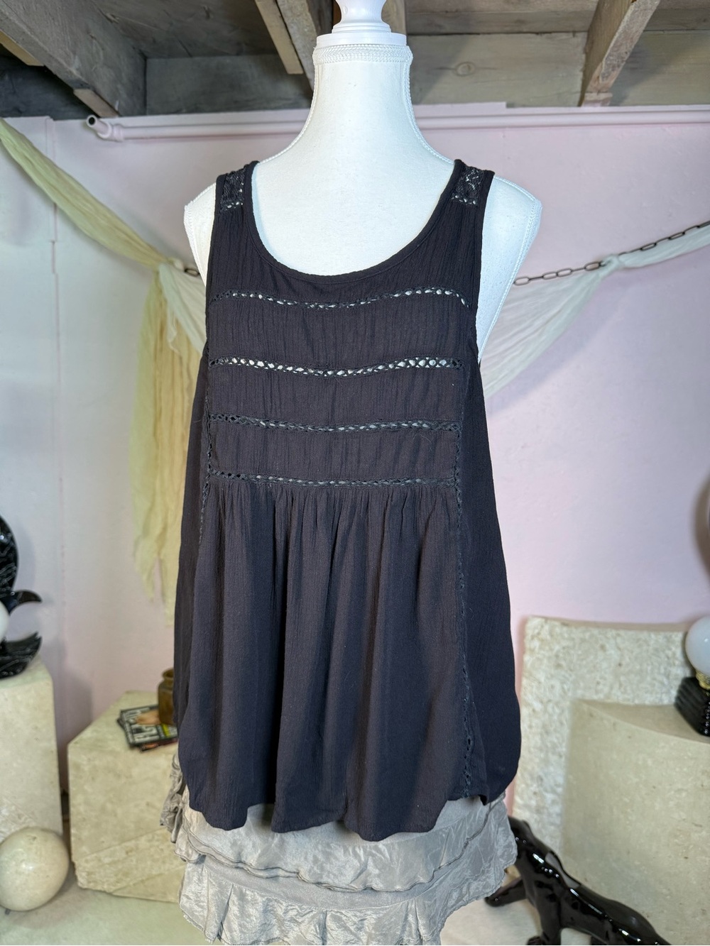 Black Crochet Trim Babydoll Tank Top Size Large Fairy Grunge Boho